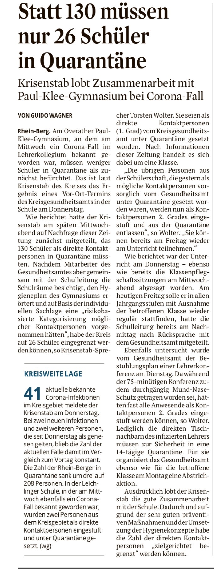 Presse-Artikel des Kölner Stadtanzeigers zum Corona-Fall – “Statt 130 müssen nur 26 Schüler in Quarantäne”